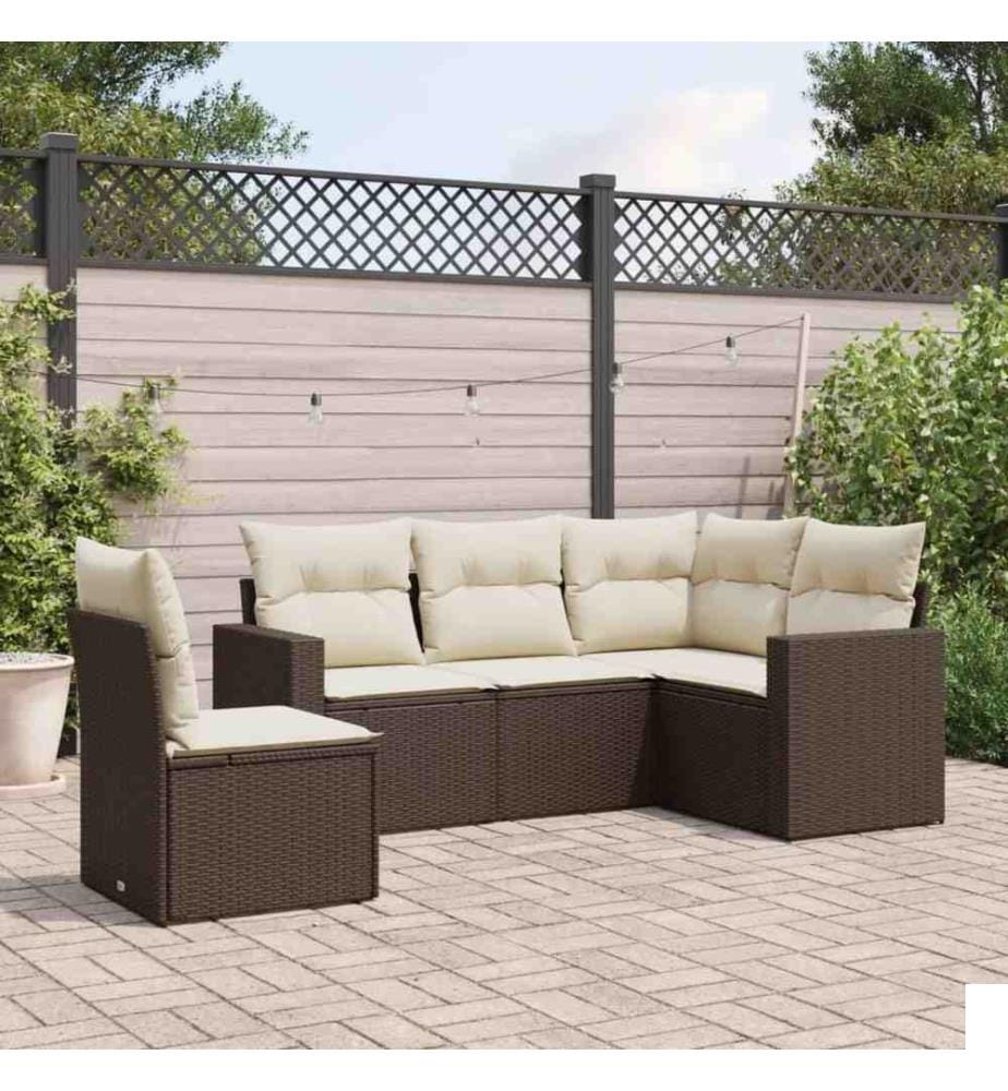 Salon de jardin avec coussins 5 pcs marron résine tressée