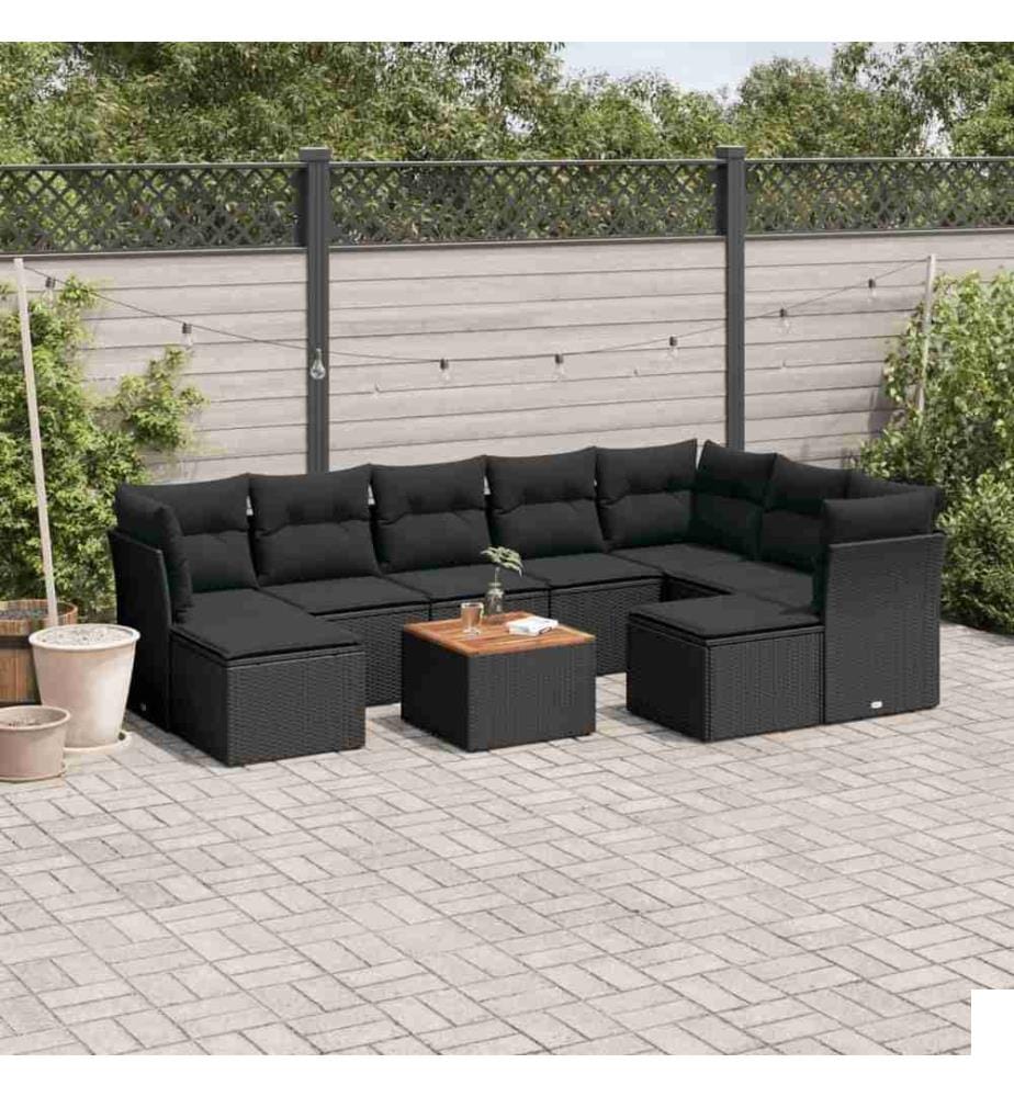 Salon de jardin 10 pcs avec coussins noir résine tressée