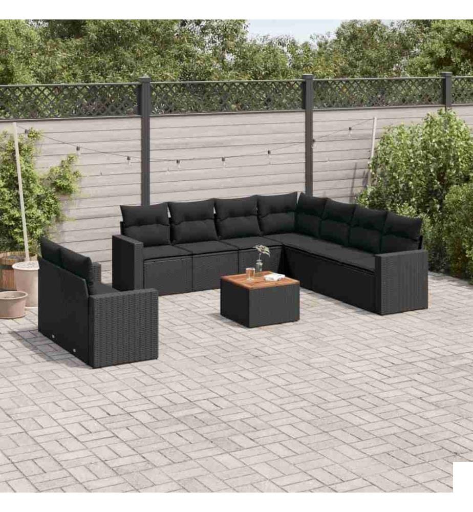 Salon de jardin 10 pcs avec coussins noir résine tressée