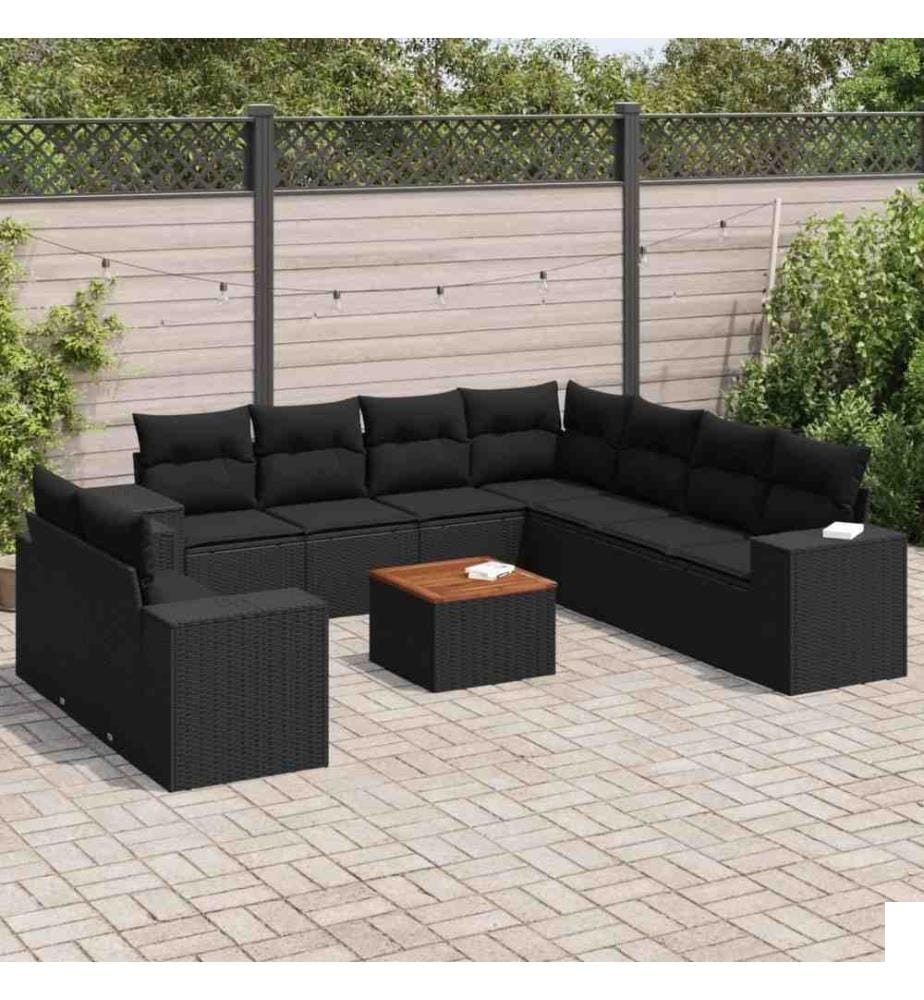 Salon de jardin 10 pcs avec coussins noir résine tressée