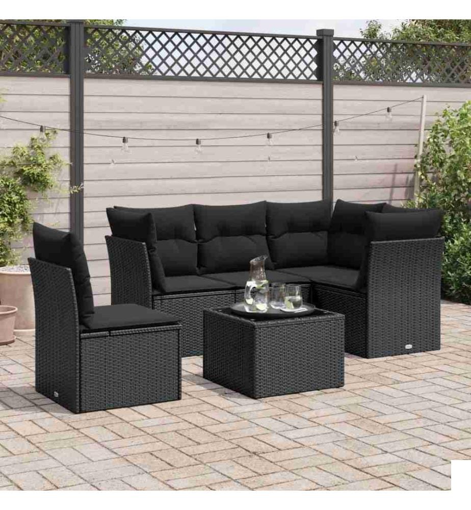 Salon de jardin 6 pcs avec coussins noir résine tressée