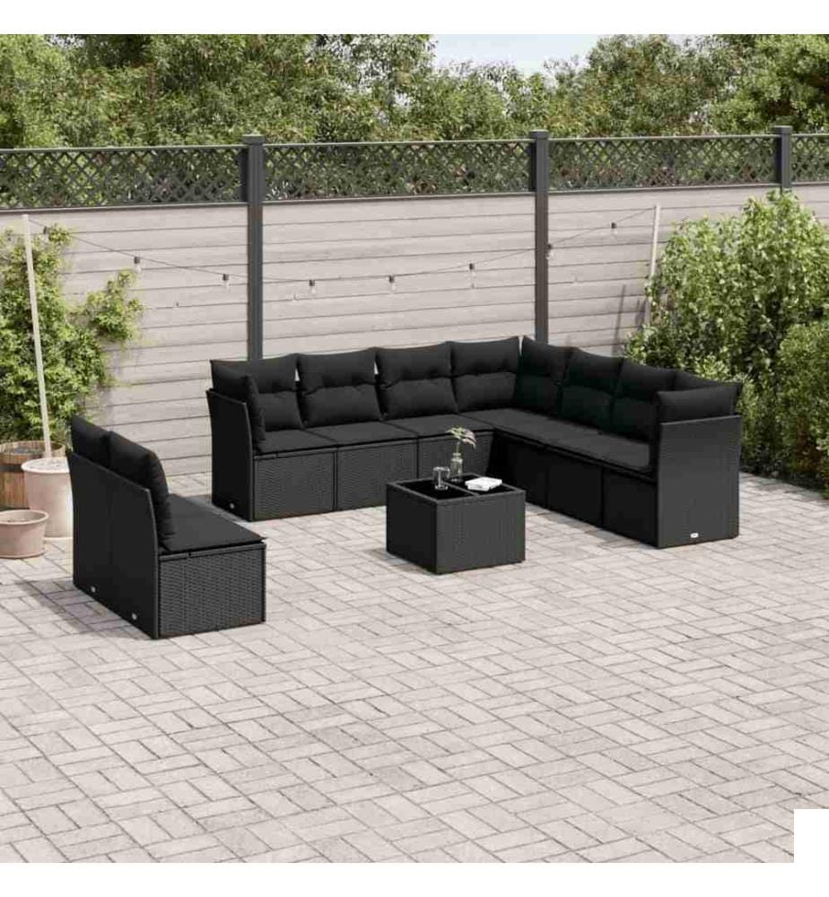 Salon de jardin 10 pcs avec coussins noir résine tressée