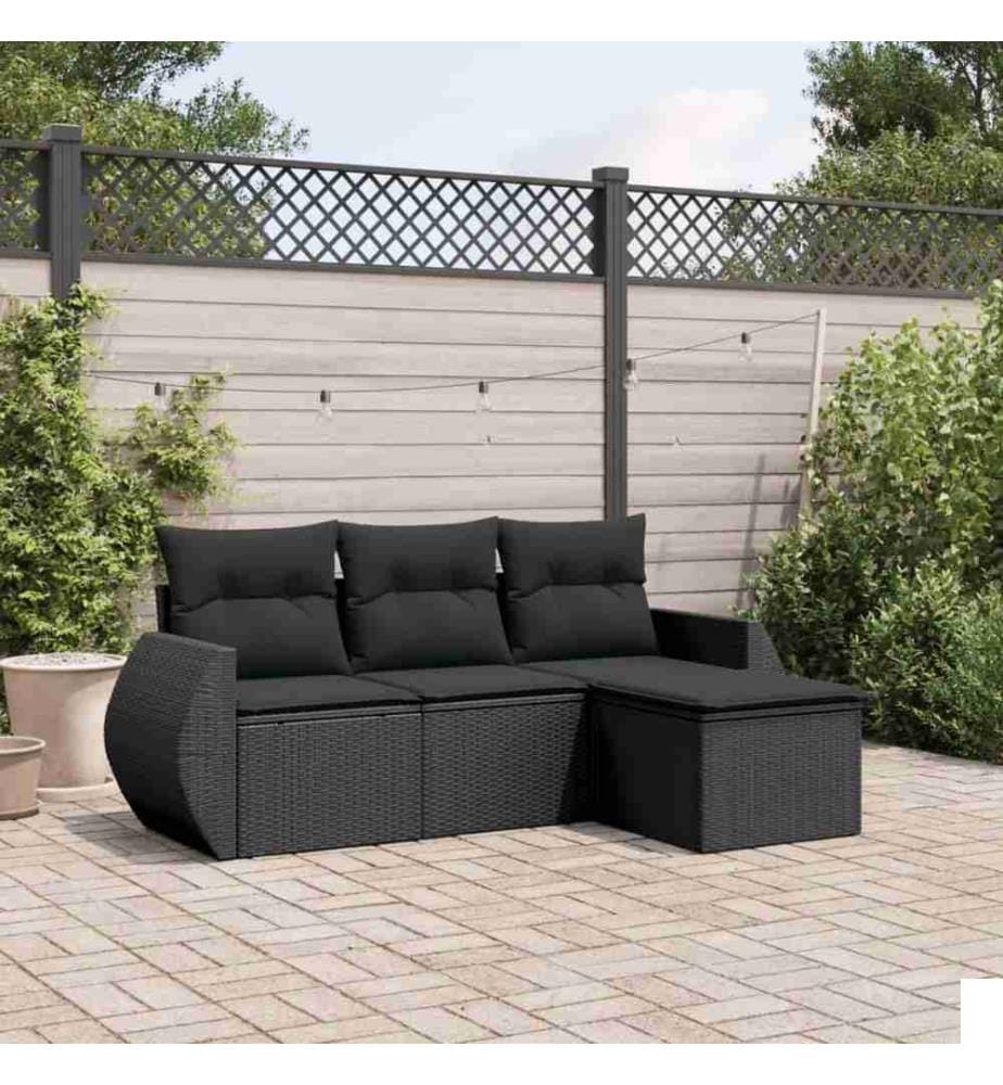 Salon de jardin 4 pcs avec coussins noir résine tressée