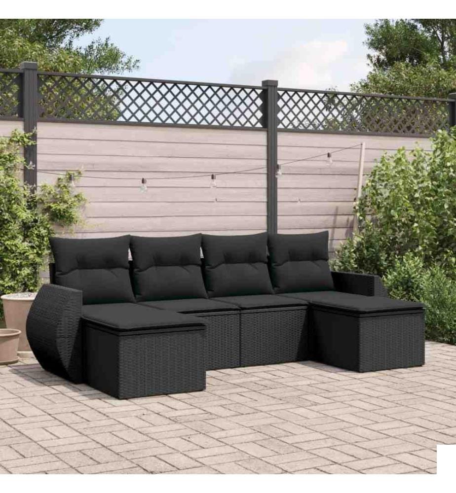 Salon de jardin 6 pcs avec coussins noir résine tressée