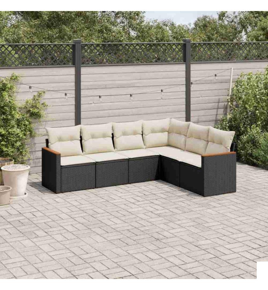 Salon de jardin 6 pcs avec coussins noir résine tressée