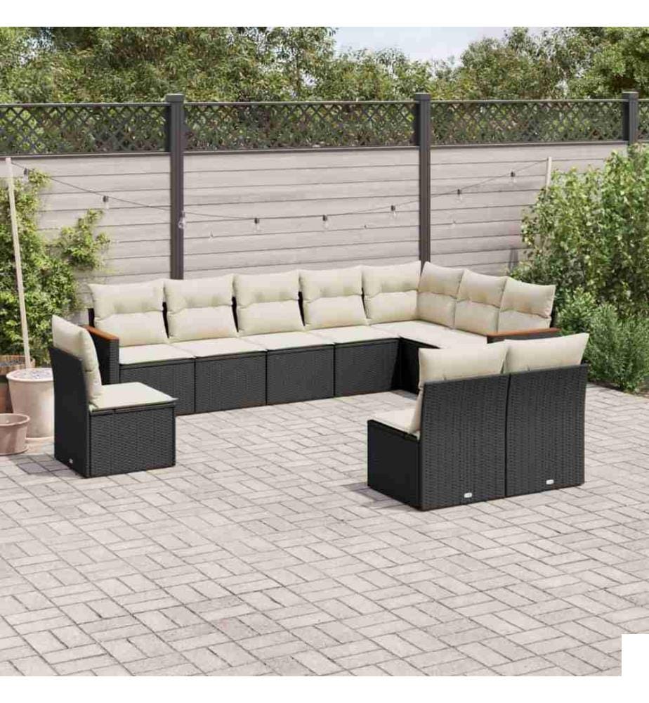 Salon de jardin 10 pcs avec coussins noir résine tressée
