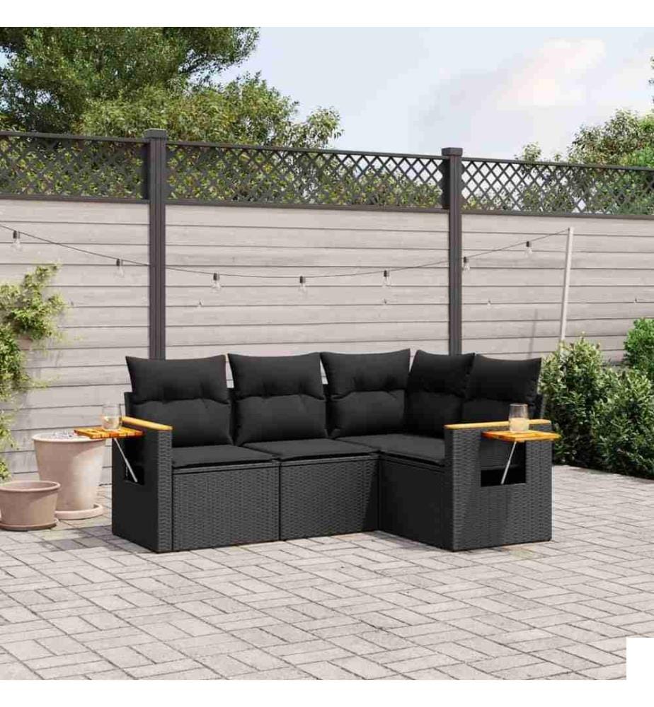 Salon de jardin 4 pcs avec coussins noir résine tressée