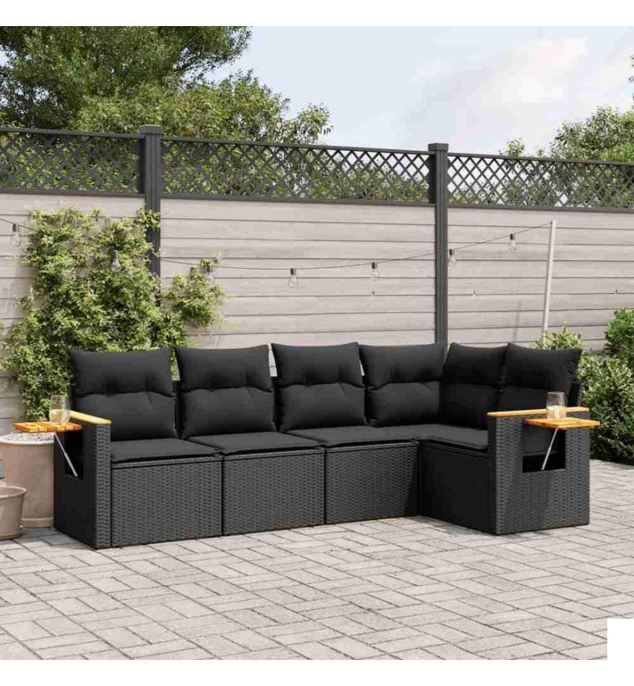 Salon de jardin 5 pcs avec coussins noir résine tressée