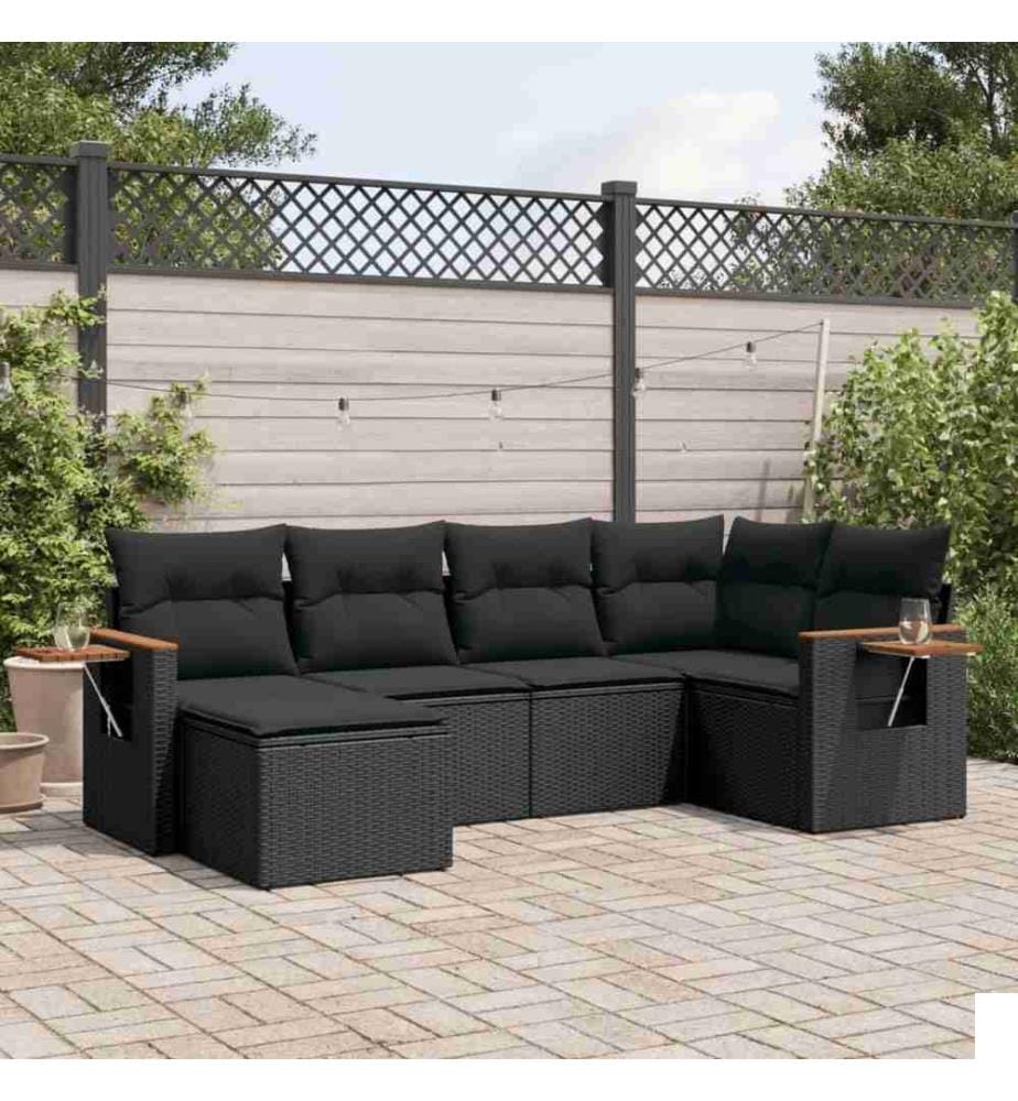 Salon de jardin 6 pcs avec coussins noir résine tressée