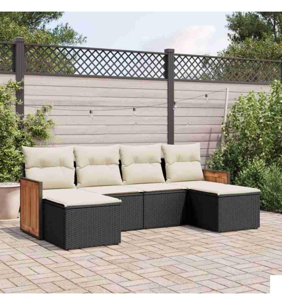 Salon de jardin 6 pcs avec coussins noir résine tressée