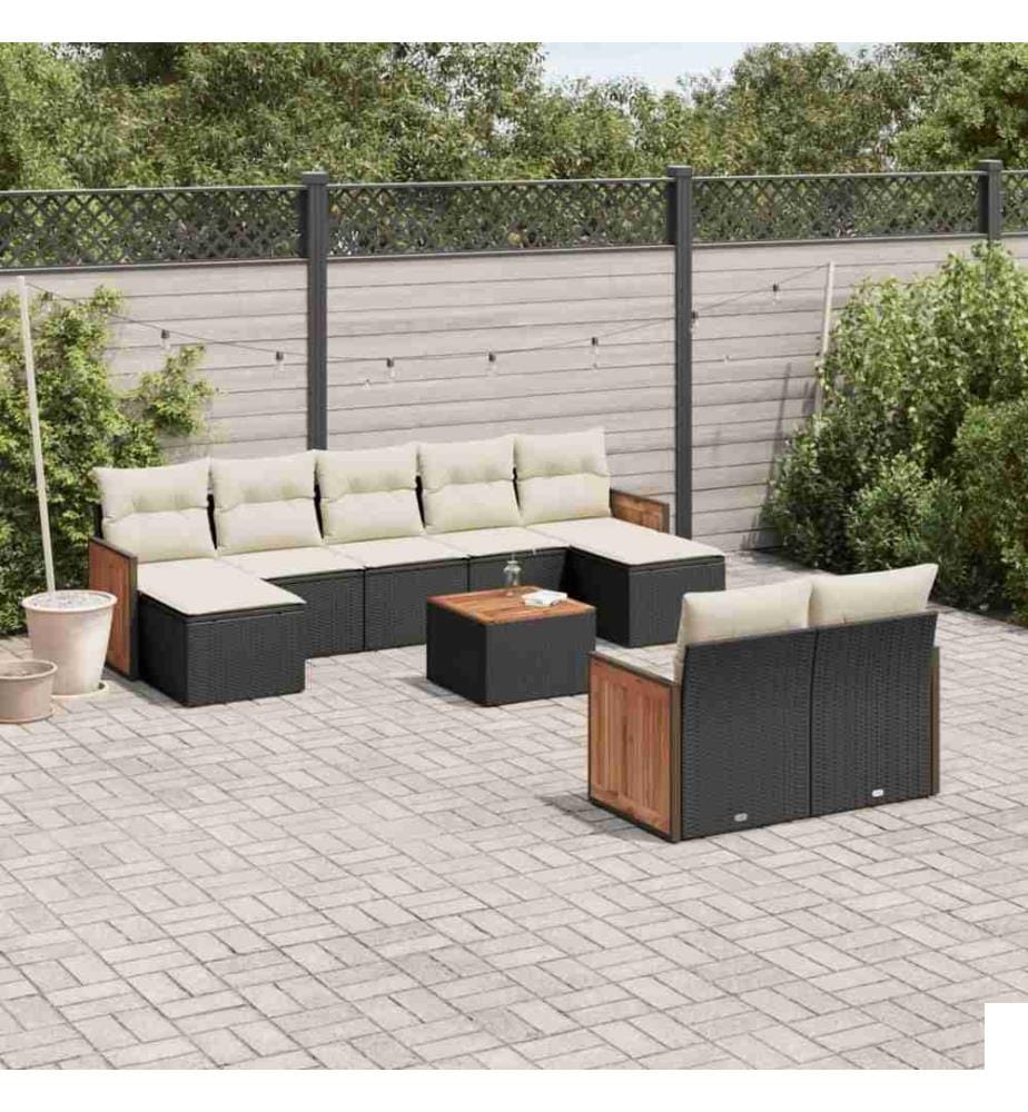 Salon de jardin 10 pcs avec coussins noir résine tressée