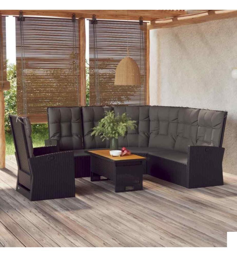 Salon de jardin 3 pcs avec coussins Noir Résine tressée