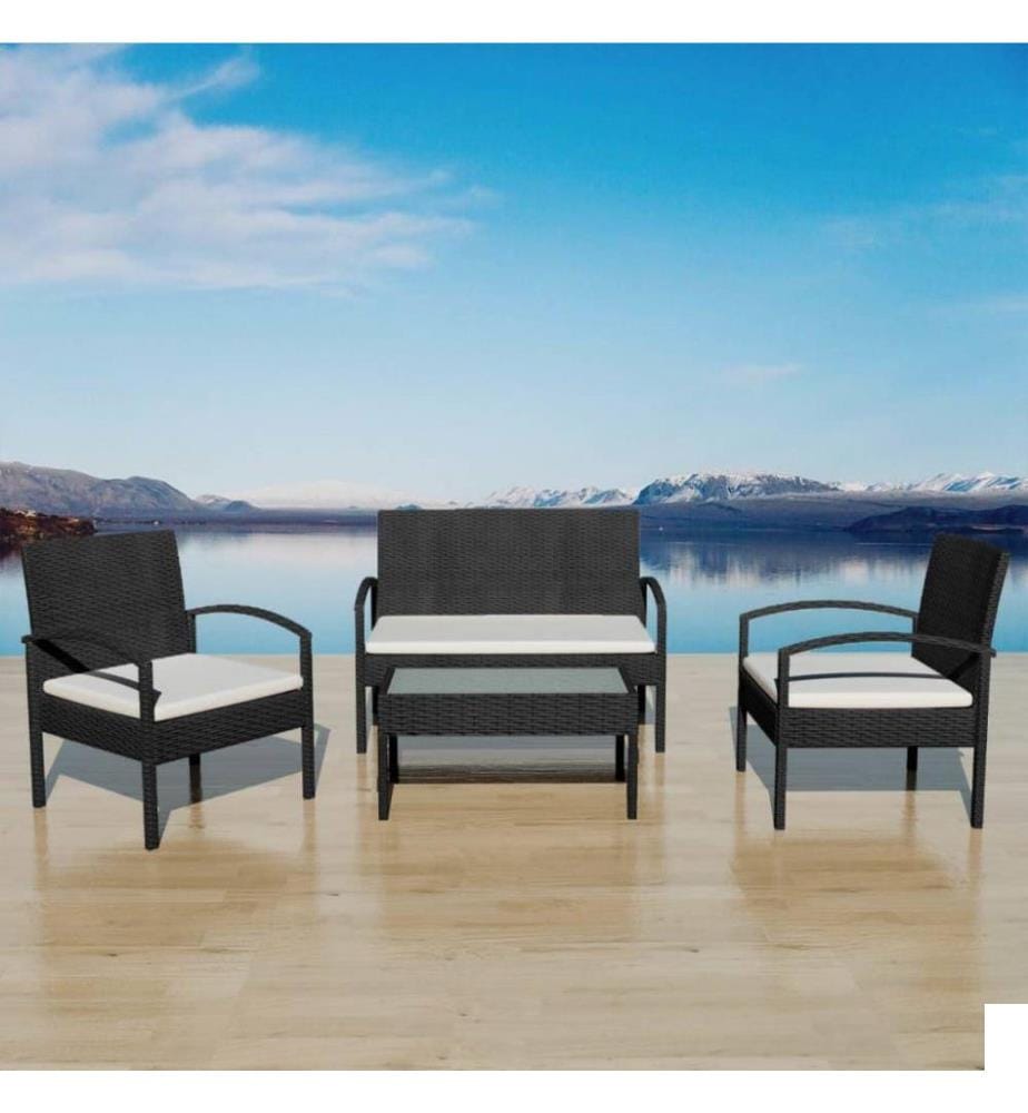 Salon de jardin 4 pcs avec coussins Résine tressée Noir