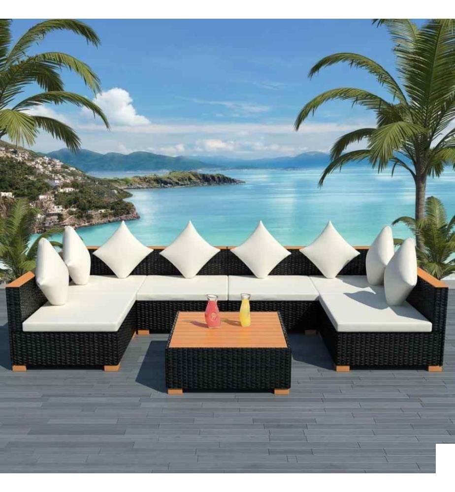 Salon de jardin 7 pcs avec coussins Résine tressée Noir