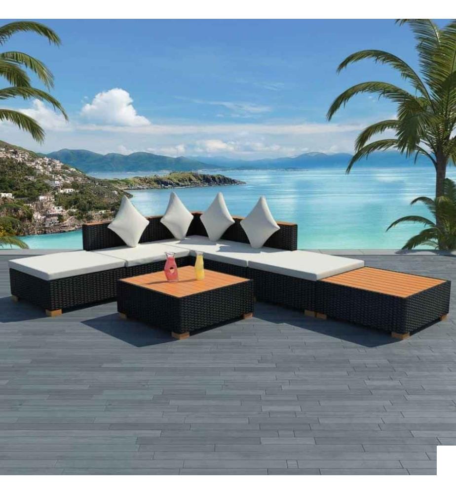 Salon de jardin 7 pcs avec coussins Résine tressée Noir