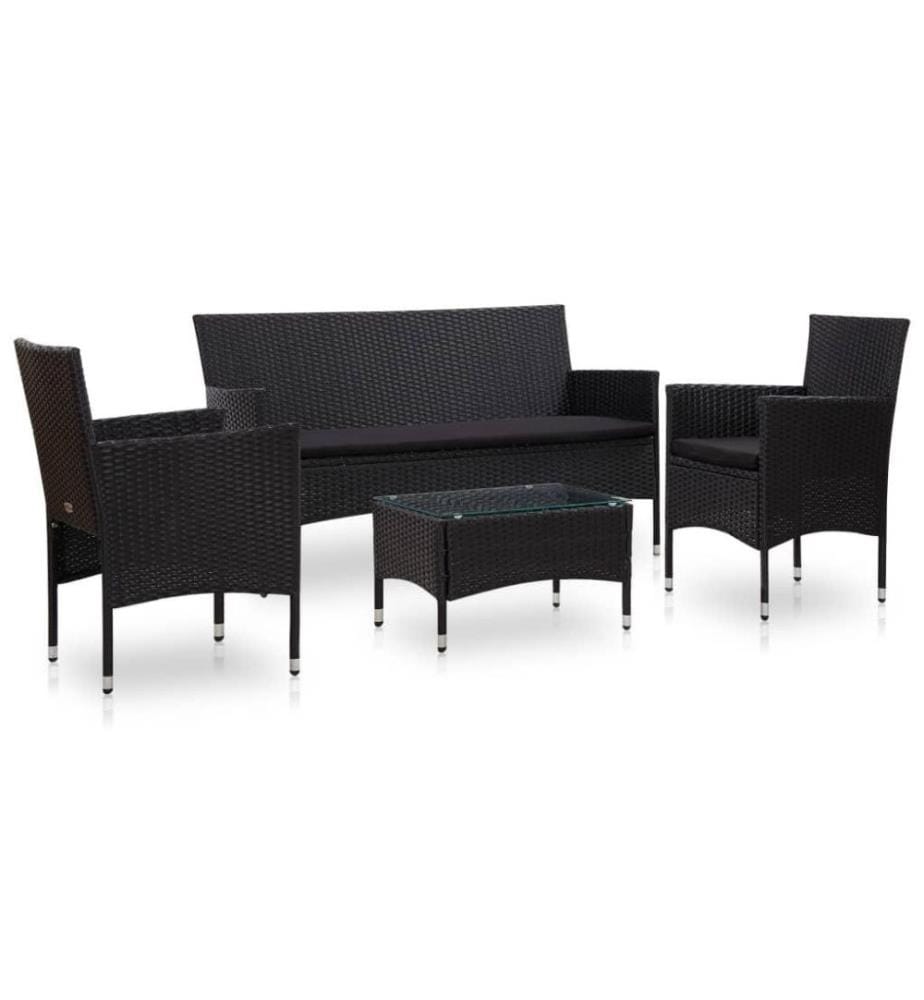 Salon de jardin 4 pcs avec coussins Résine tressée Noir