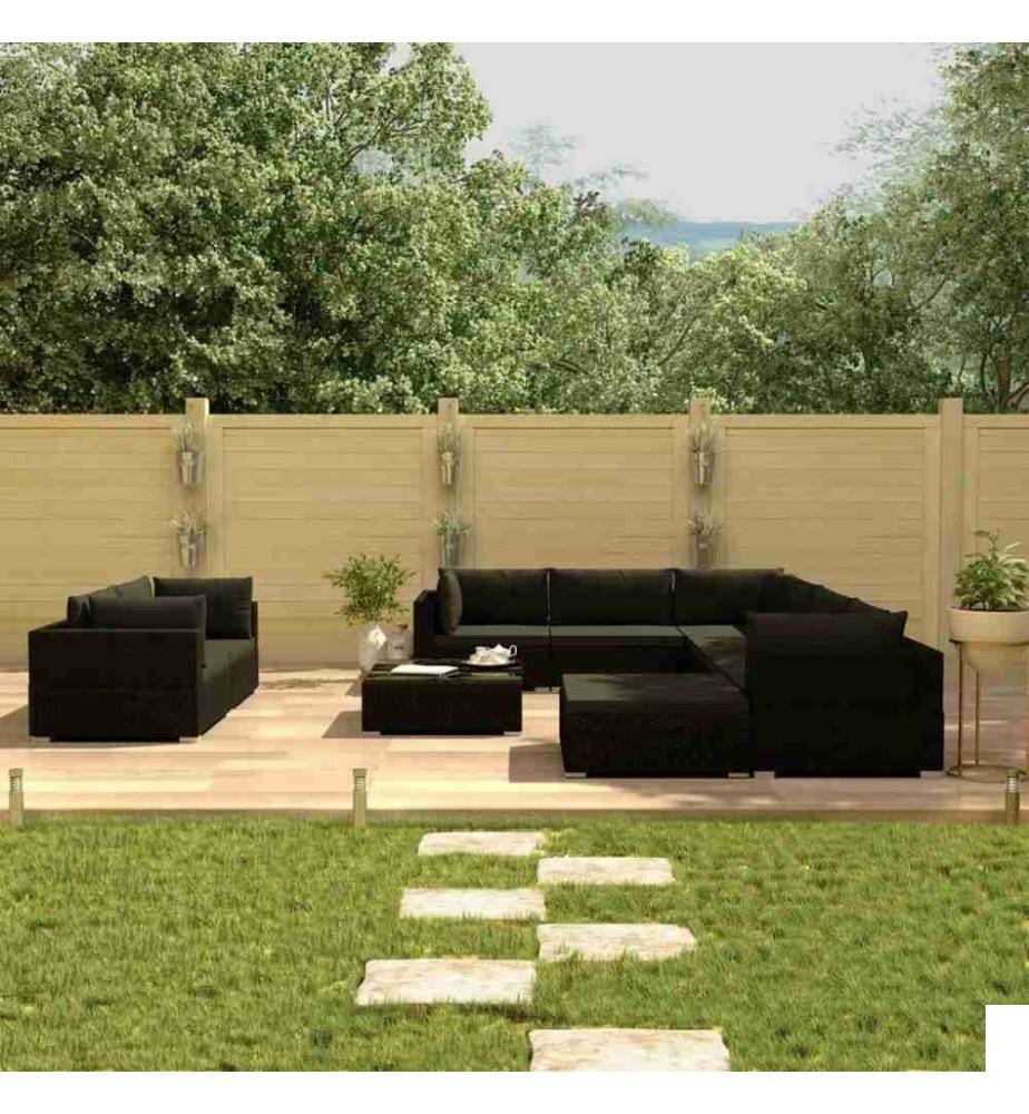 Salon de jardin 10 pcs avec coussins Résine tressée Noir