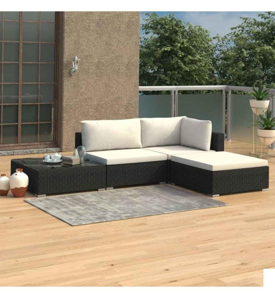 Salon de jardin 4 pcs avec coussins Résine tressée Noir