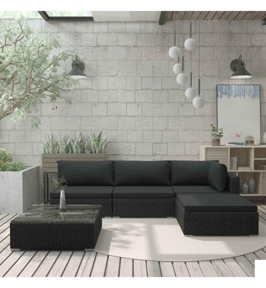 Salon de jardin 5 pcs avec coussins Résine tressée Noir