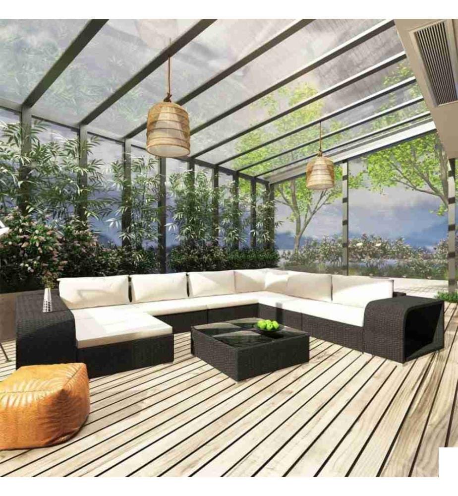Salon de jardin 10 pcs avec coussins résine tressée noir