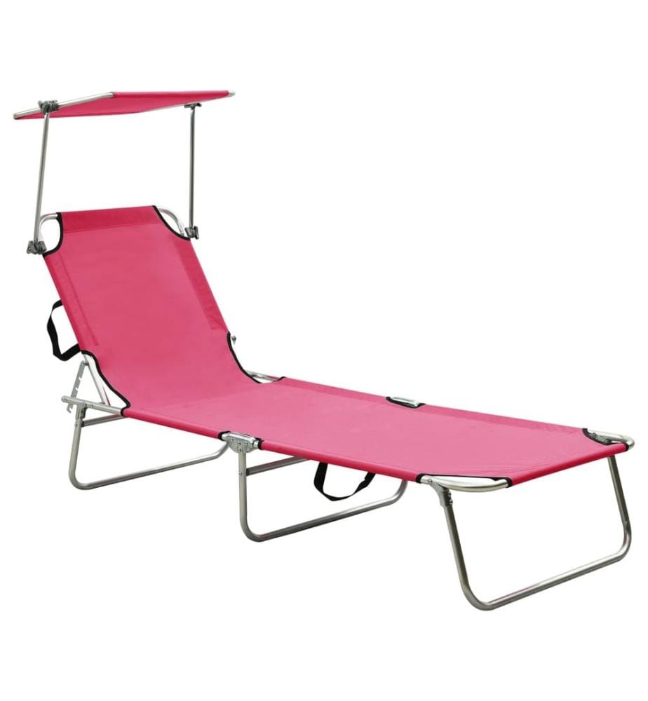 Chaise longue pliable avec auvent acier rose magento