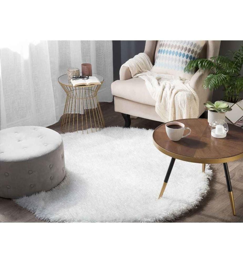 Tapis Rond Poil Long Blanc en Polyester et Coton pour Chambre ou Salon au Style Scandinave 140 cm