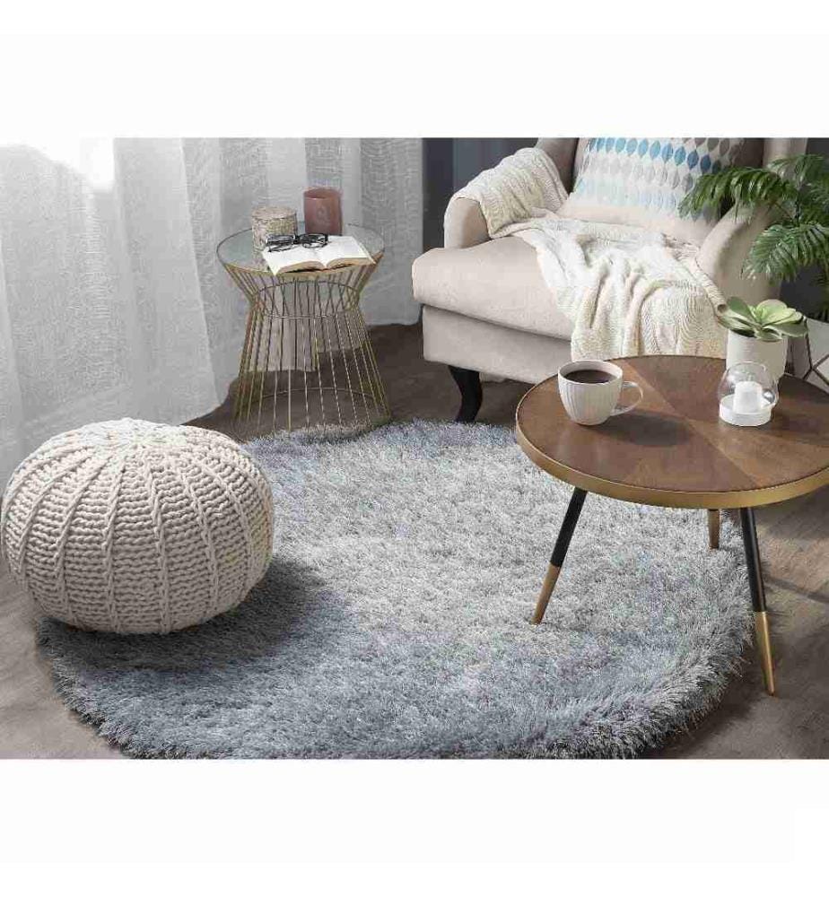 Tapis Rond Poil Long Gris Clair en Polyester et Coton pour Chambre ou Salon au Style Scandinave 140 cm