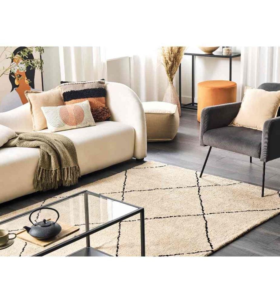 Tapis Poil Long Beige et Noir en Polyester pour Chambre ou Salon Moderne 140 x 200 cm