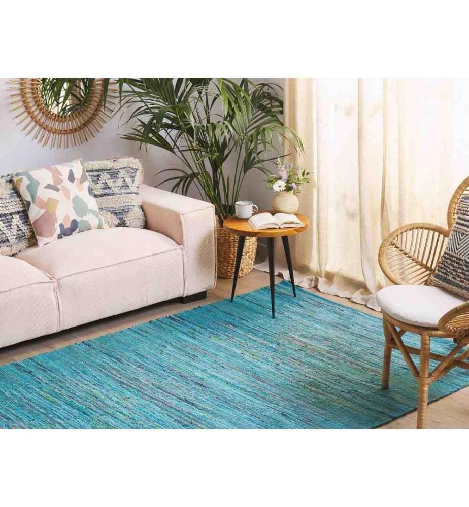 Tapis Rectangulaire Bleu en Coton Brodé pour Chambre ou Salon au Style Moderne 160 x 230 cm