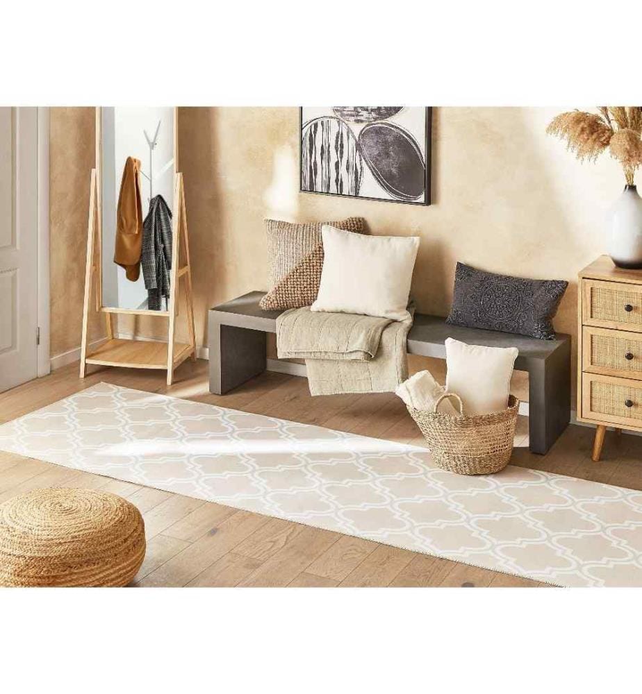 Tapis Beige en Polyester 80 x 240 cm Rectangulaire Dessous Anti-Dérapant Convient au Chauffage par le Sol Style Rétro
