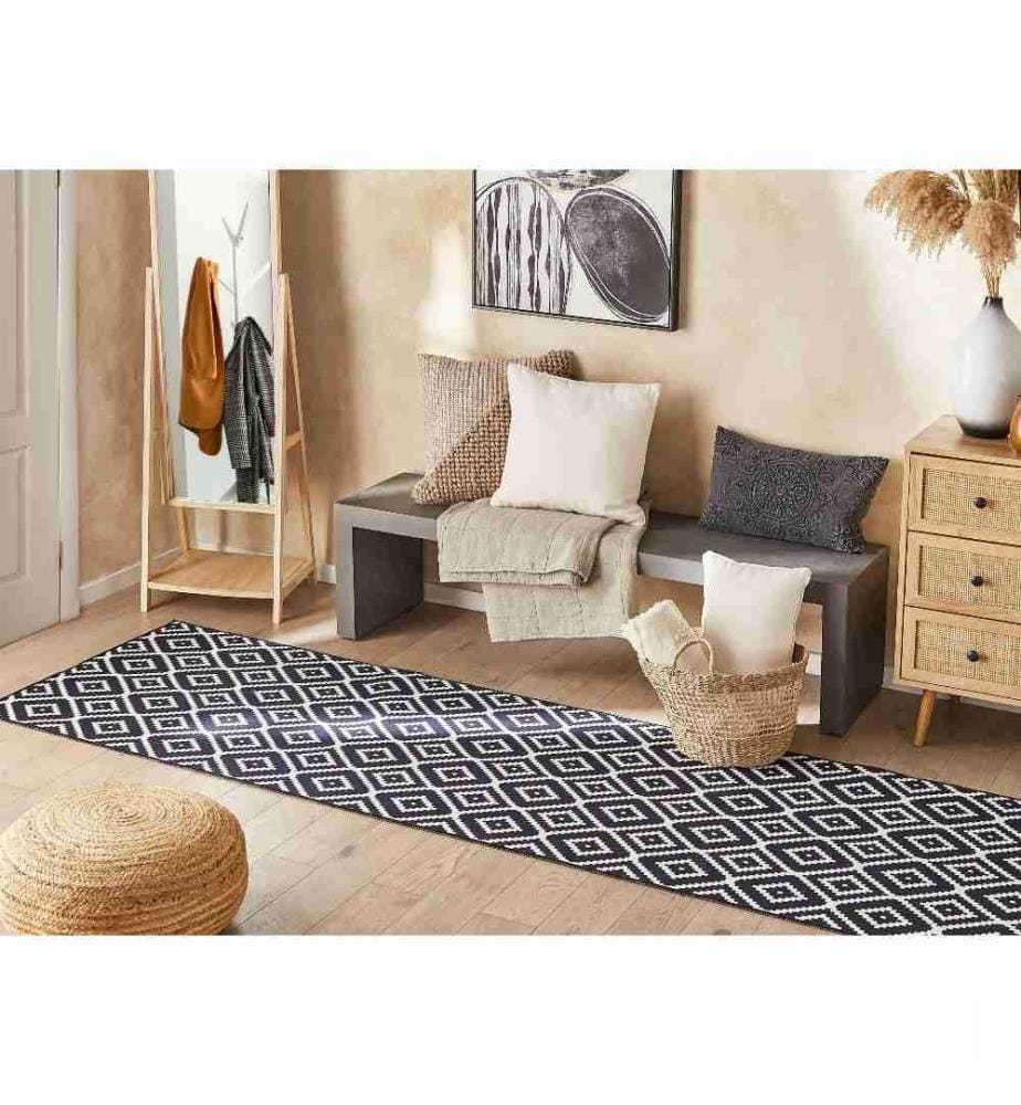 Tapis Noir et Blanc en Polyester 80 x 240 cm Rectangulaire Dessous Anti-Dérapant Convient au Chauffage par le Sol Style Rétro