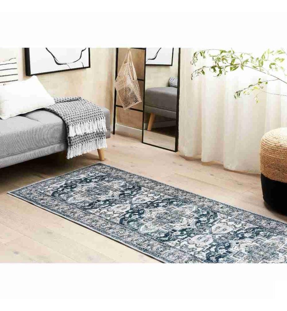 Tapis Gris et Bleu en Polyester 70 x 200 cm Rectangulaire Dessous Anti-Dérapant Convient au Chauffage par le Sol Style Rétro