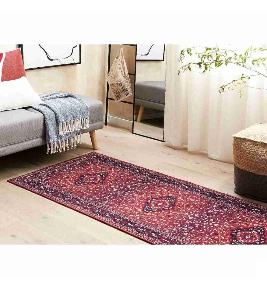 Tapis de Couloir en Polyester Rouge Motif Oriental 70 x 200 cm Tapis Entrée Long avec Envers Antidérapant