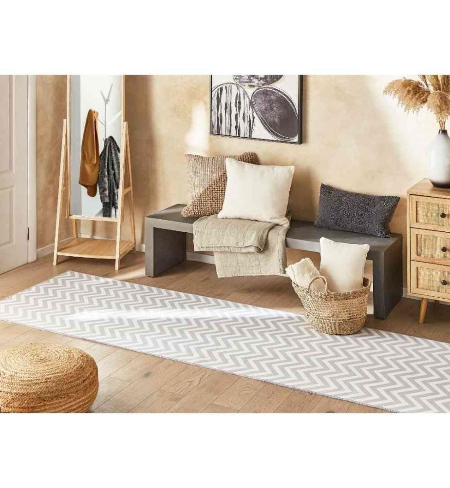 Tapis Blanc et Gris en Polyester 80 x 240 cm Classique Long Rectangulaire pour Couloir Salon ou Chambre à Poils Courts