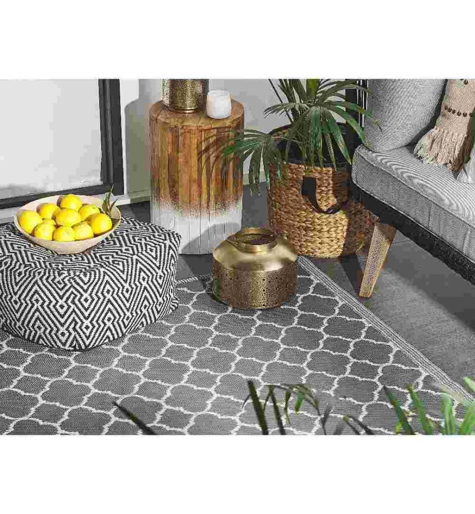 Tapis Extérieur et Intérieur Polyvalent Gris et Blanc en Polypropylène Motif Marocain pour Salon ou Terrasse Boho et Scandinave 120 x 180 cm