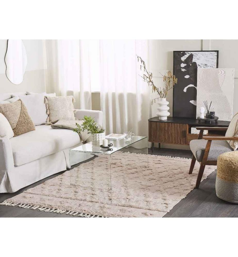 Tapis Beige en Coton 160x230cm Salon Touffeté avec Motif Géométrique pour Salon et Chambre Rectangulaire à Franges
