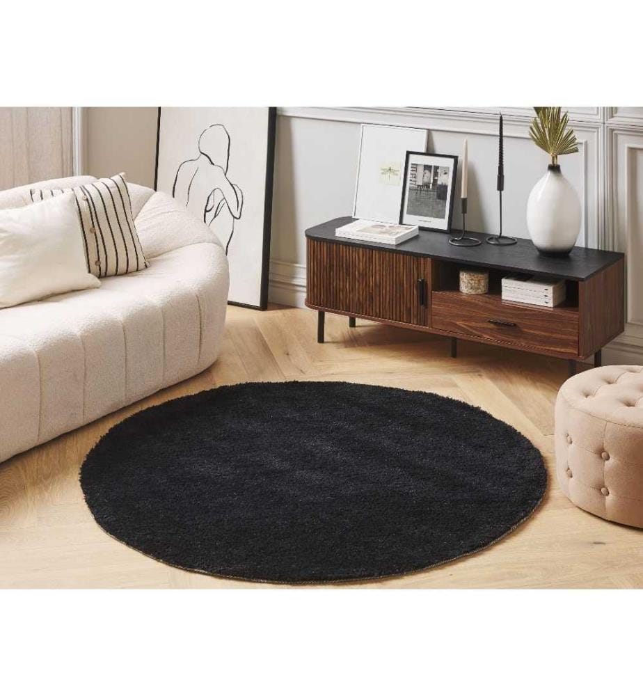 Tapis Rond Noir en Polyester et Coton pour Chambre ou Salon au Style Moderne 140 cm