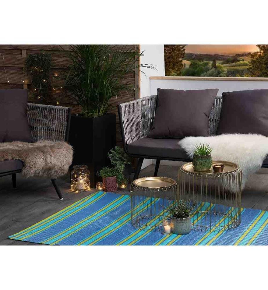 Tapis d'Extérieur Bleu et Jaune en Polypropylène Motif à Rayure pour Terrasse au Style Moderne 120 x 180 cm