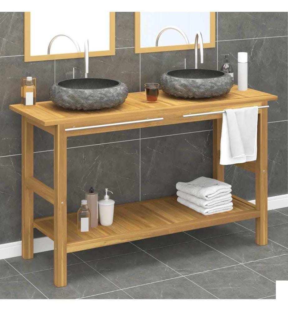 Armoire de salle de bain et lavabos en marbre noir Teck massif
