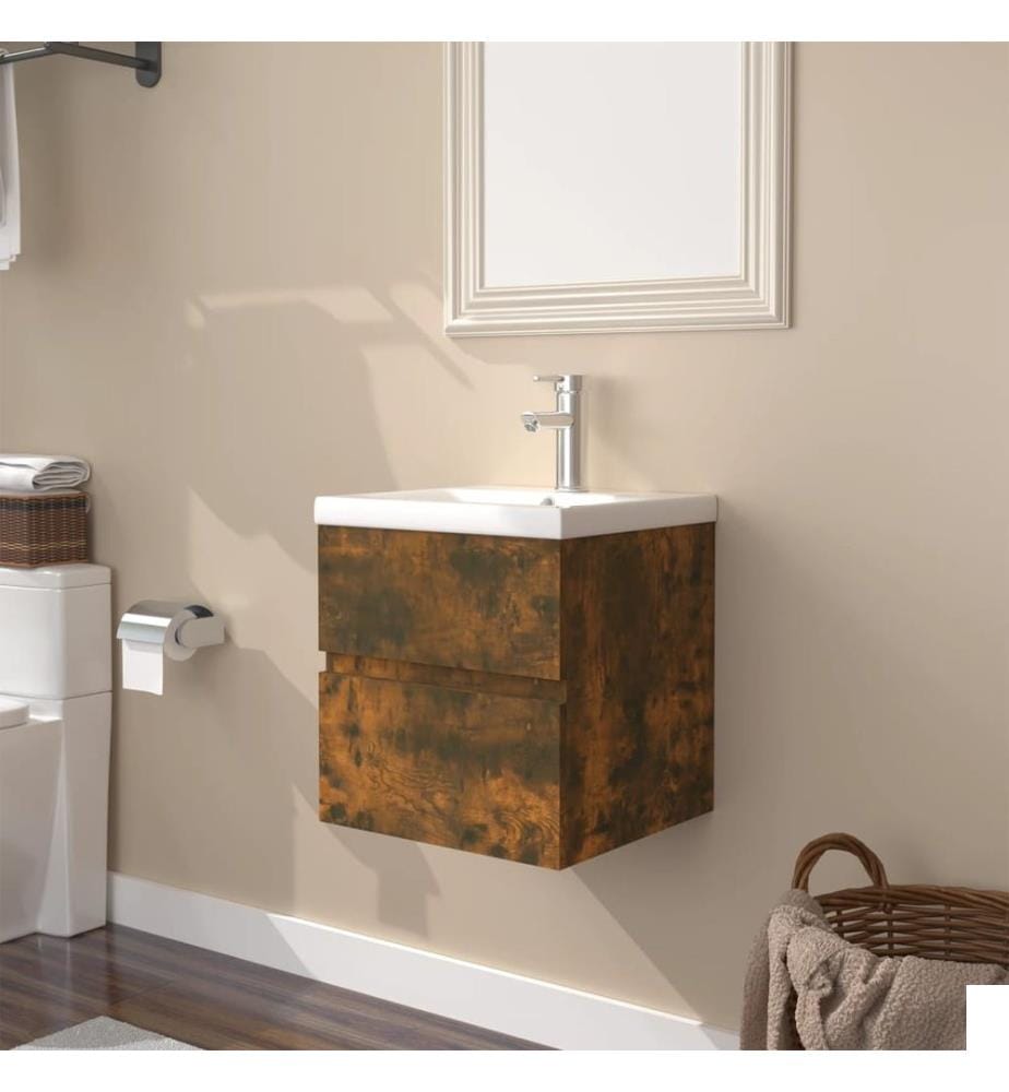 Meuble lavabo avec bassin intégré Chêne fumé Bois d'ingénierie