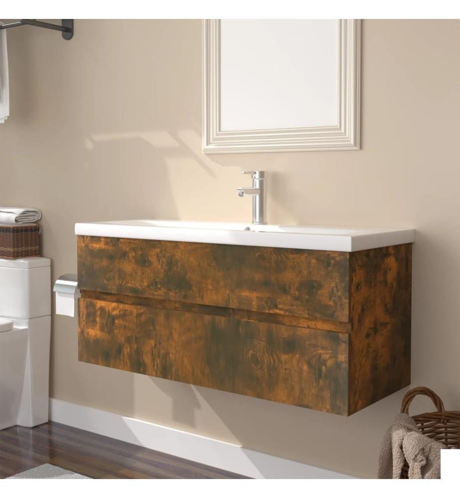 Meuble lavabo avec bassin intégré Chêne fumé Bois d'ingénierie