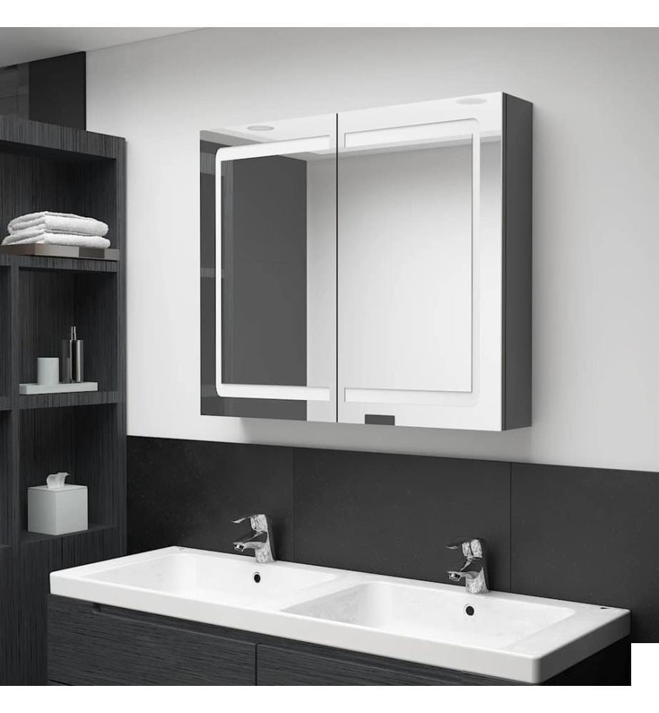 Armoire de salle de bain à miroir LED gris 80x12x68 cm