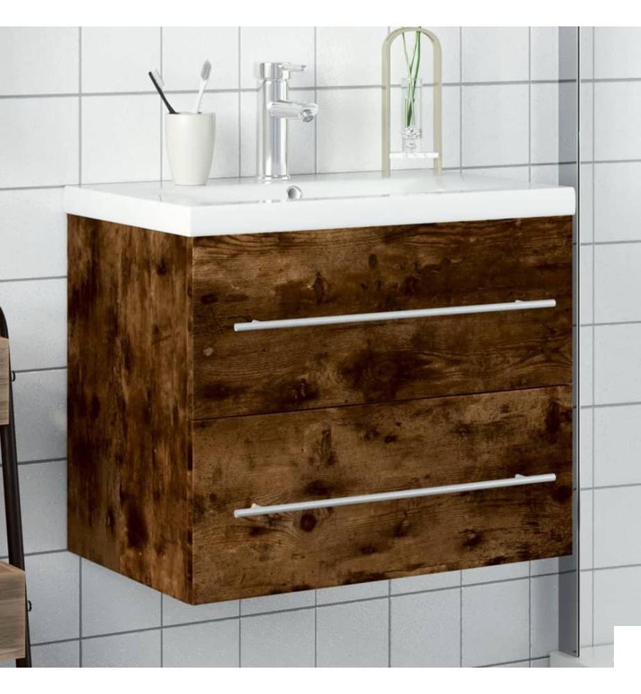Armoire lavabo de salle de bain avec bassin intégré chêne fumé