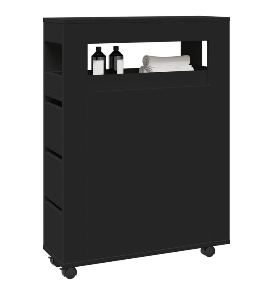 Meuble étroit de salle de bain à roulettes noir