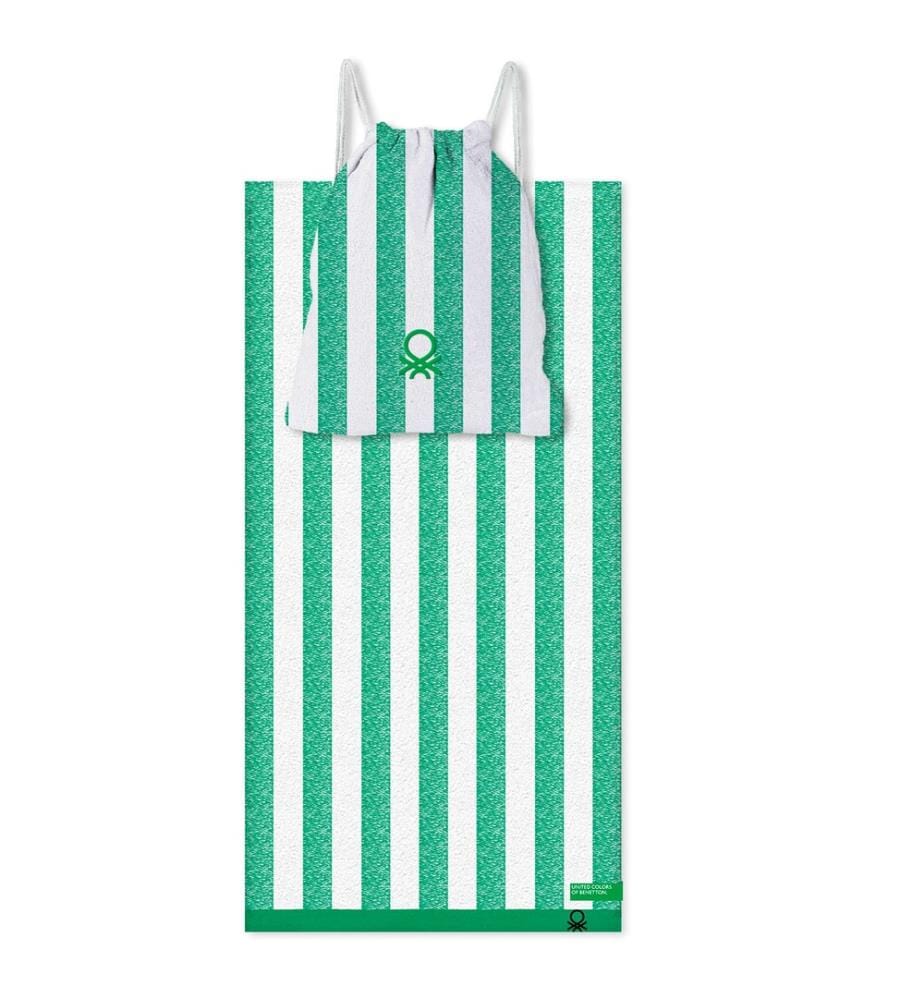 Ensemble de 2 serviettes de plage (serviette 90 x 160 cm + sac en fil teint 144 fils/cm) vert arc-en-ciel