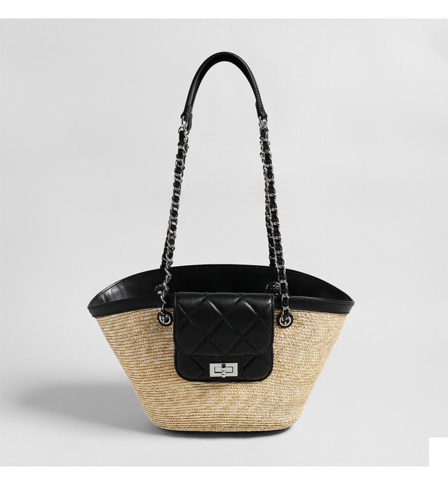 Sac cabas en paille tressée à chaîne - Noir