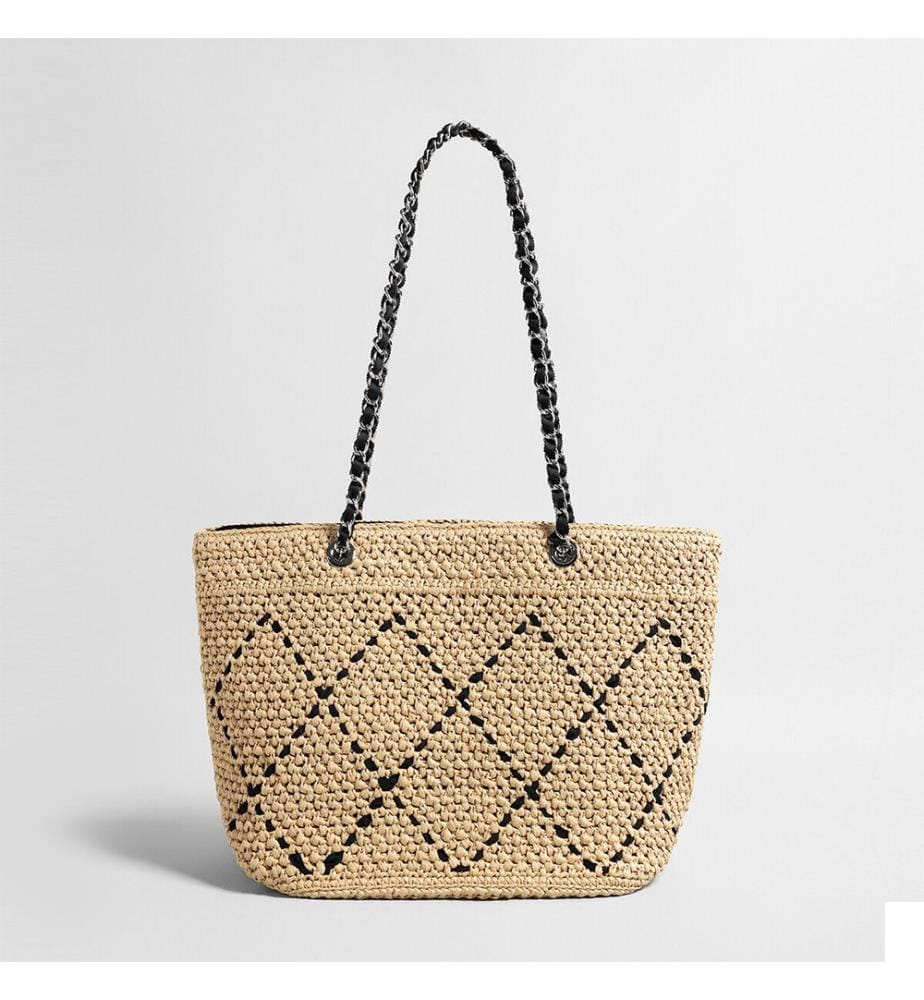 Sac cabas chaîne en paille tressée - Noir
