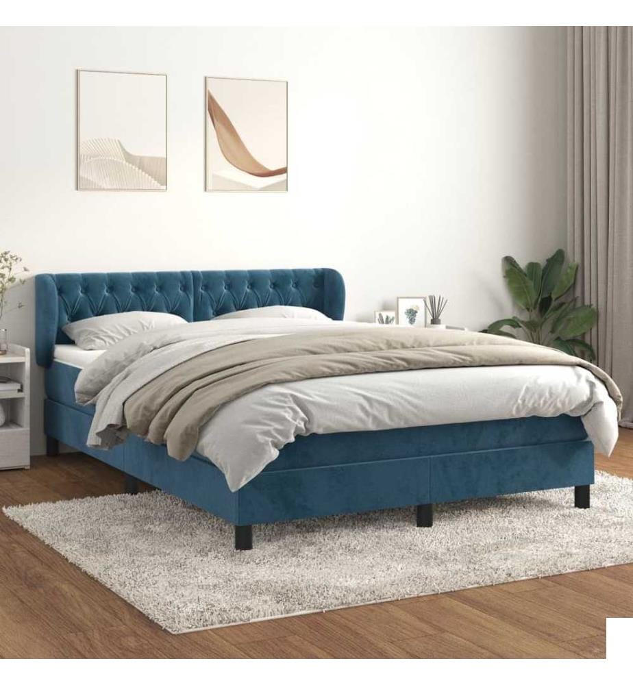Lit à sommier tapissier et matelas Bleu foncé 140x200cm Velours