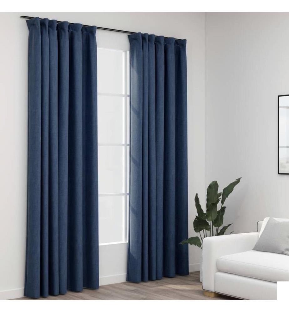 Rideaux occultants aspect lin avec crochets 2pcs Bleu 140x245cm