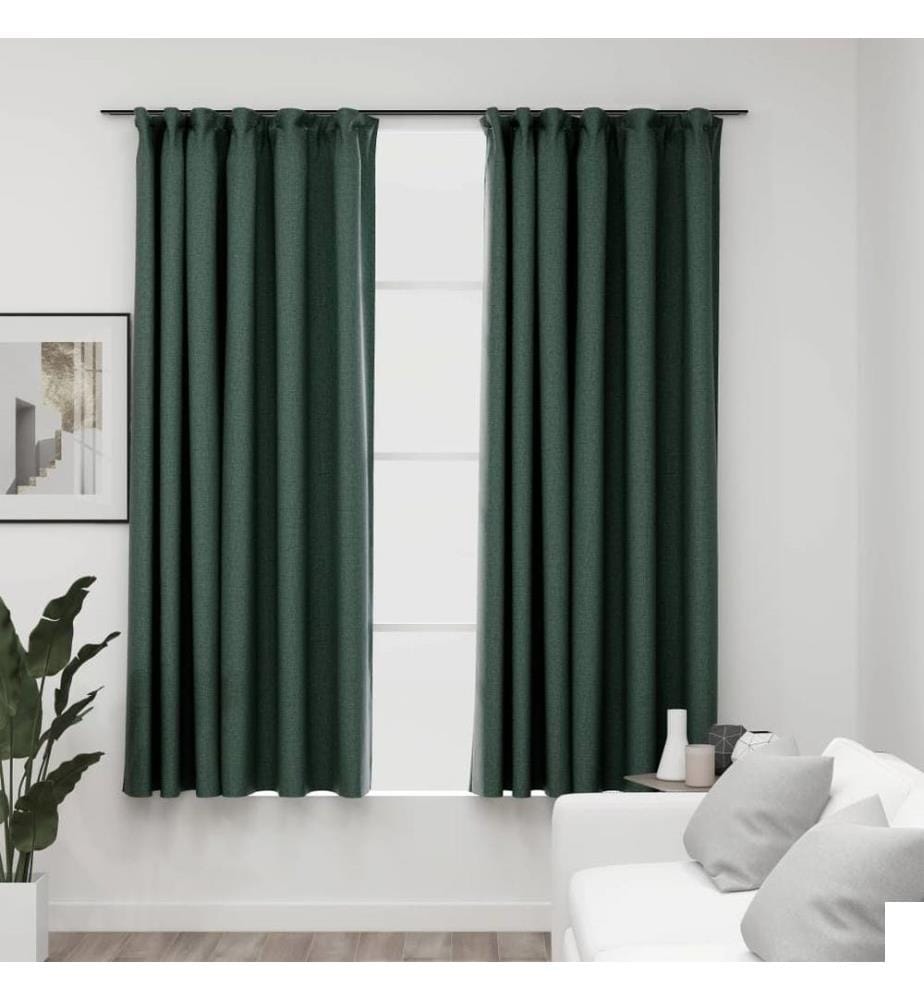 Rideaux occultants aspect lin avec crochets 2pcs Vert 140x175cm